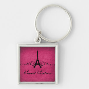 Vintage French Flourish Sweet 16 Keychain, Pink Keychain