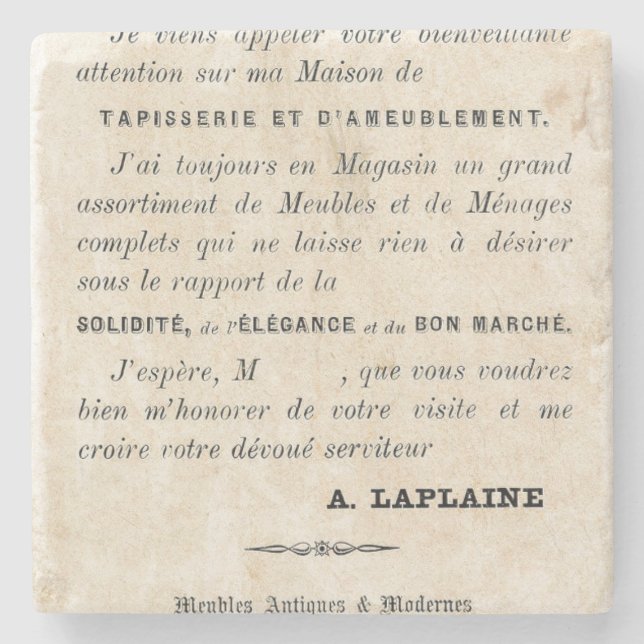 Vintage French Furniture Advertisement Stone Coaster (Front)