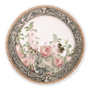Vintage French Garden Blush Pink Floral Foliage Ce Ceramic Knob