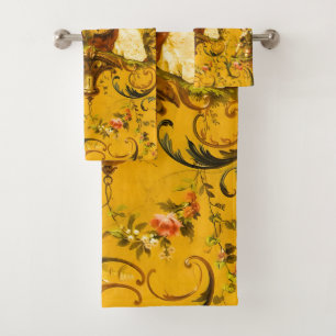 Vintage French Gold Yellow Toile Victorian Floral Bath Towel Set