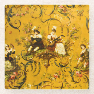 Vintage French Gold Yellow Toile Victorian Floral Glass Coaster