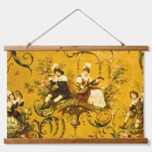 Vintage French Gold Yellow Toile Victorian Floral Hanging Tapestry