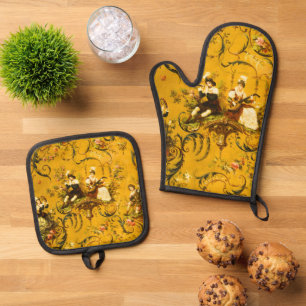 Vintage French Gold Yellow Toile Victorian Floral Oven Mitt & Pot Holder Set