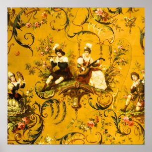 Vintage French Gold Yellow Toile Victorian Floral Poster