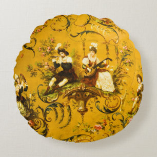 Vintage French Gold Yellow Toile Victorian Floral Round Pillow