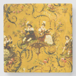 Vintage French Gold Yellow Toile Victorian Floral Stone Coaster