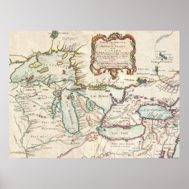 Vintage French Great Lakes Map  Poster (Front)