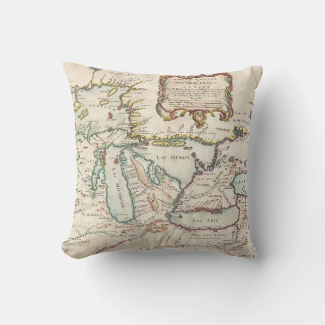 Vintage French Great Lakes Map Throw Pillow (Front)