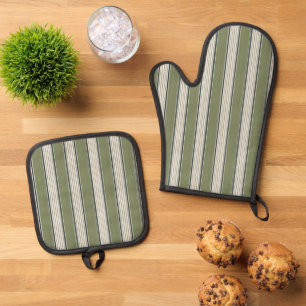 Vintage French Greenery Stripes- Neutral Farmhouse Oven Mitt & Pot Holder Set