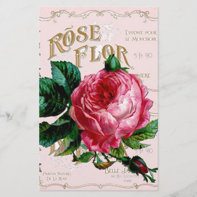 Vintage French Handwriting Paris Roses Pink pretty Stationery (Front)
