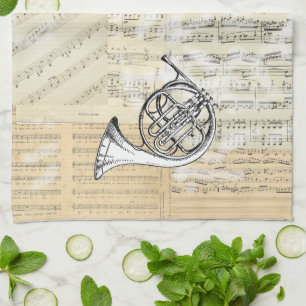 Vintage French Horn Music Kitchen Towel