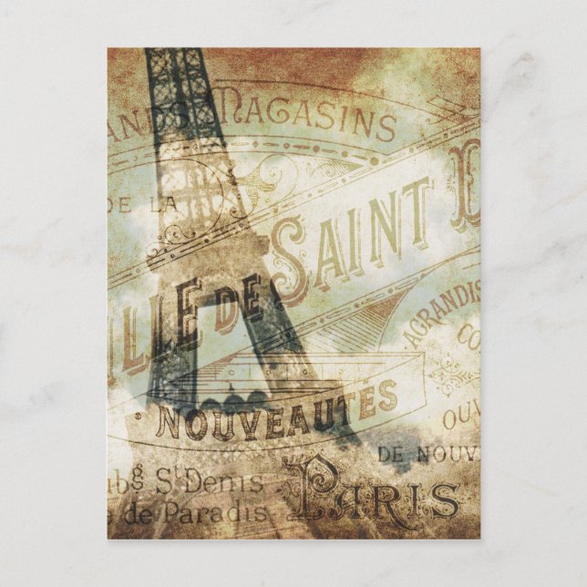 Vintage French Label and Eiffel Tower Postcard (Front)