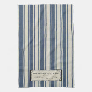 Vintage French Label on Blue and Cream Stripes Kitchen Towel