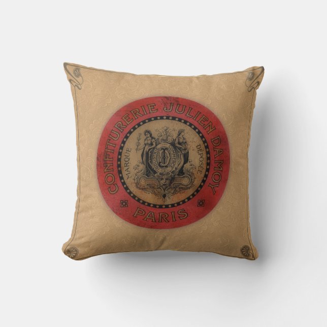 Vintage French Label Throw Pillow (Front)