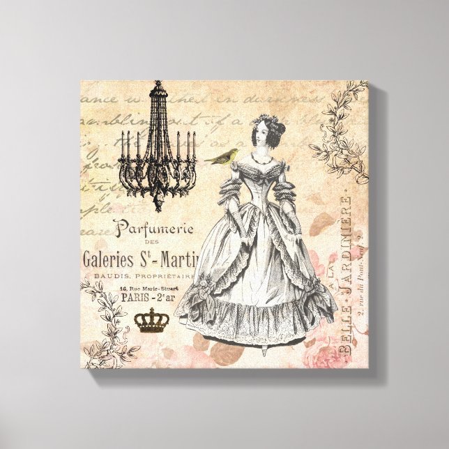 Vintage French lady collage stretched canvas Print (Front)