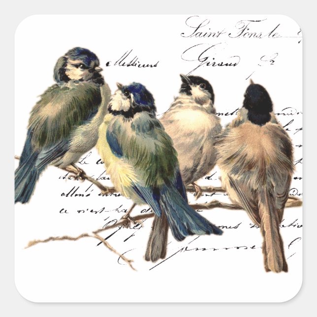Vintage French Letter and Birds Square Sticker (Front)