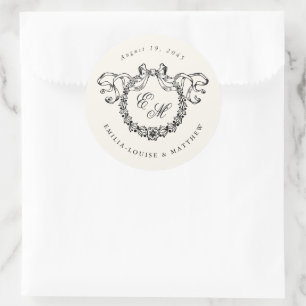 Vintage French Monogram Wreath Elegant Wedding Classic Round Sticker