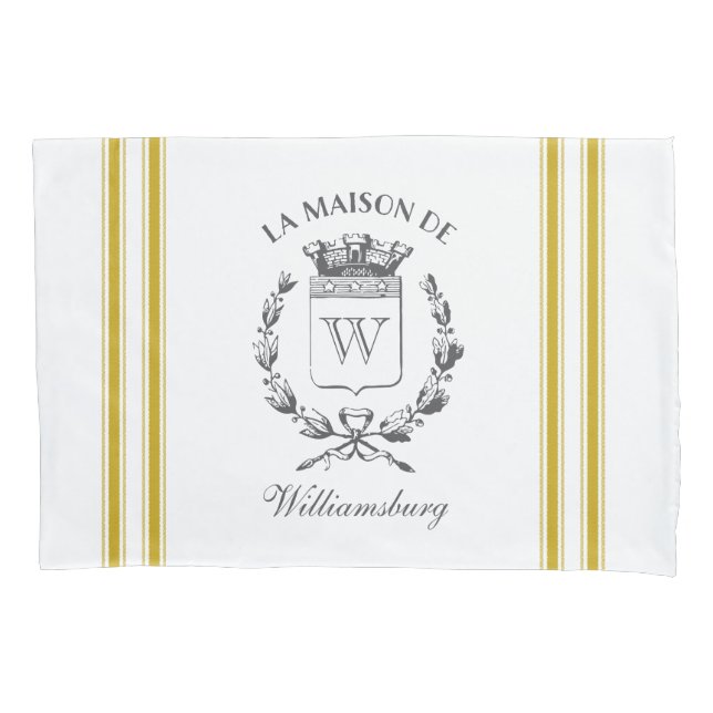 Vintage French Mustard Ticking Tape Pillowcase (Front-Left)