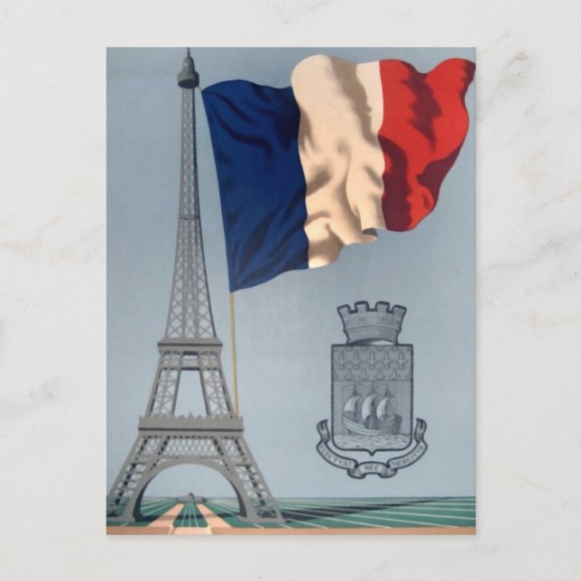 Vintage French National Flag & Eiffel Tower Holiday Postcard (Front)
