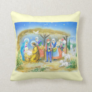 Vintage French Nativity scene Throw Pillow