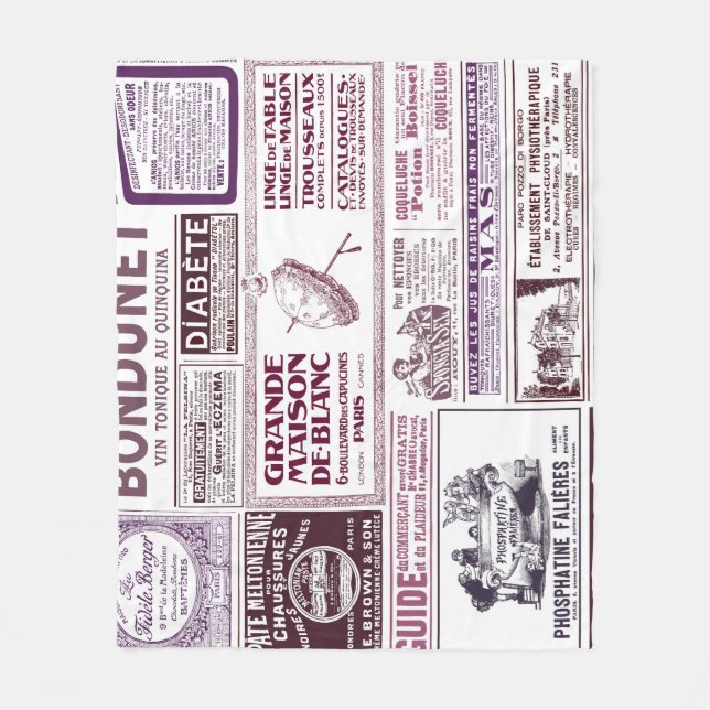 Vintage French Newspaper Ads 1910 Fleece Blanket (Front)