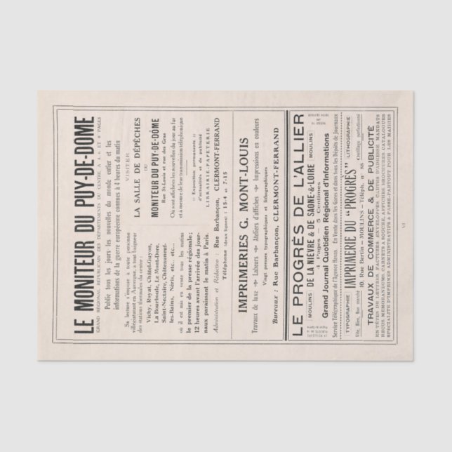 Vintage French Newspaper Advertisement Decoupage   Tissue Paper (Front)