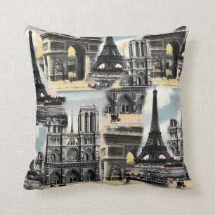 Vintage French Paris Travel Collage Eiffel Tower Throw Pillow