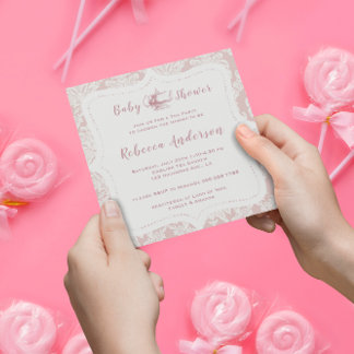 Vintage French Pink Damask Baby Shower Tea Party Invitation