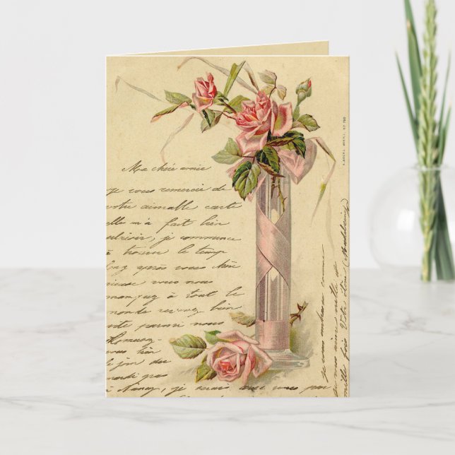 Vintage French Pink Roses Holiday Card (Front)