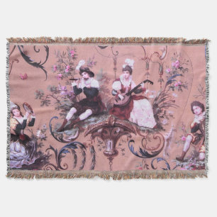 Vintage French Pink Toile Victorian Style Floral Throw Blanket