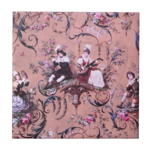 Vintage French Pink Toile Victorian Style Floral Tile