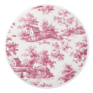 Vintage French Pink Toile Village Landscape Ceramic Knob