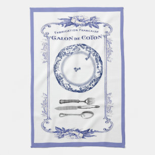 vintage french plate & cutlery kitchen towel blue
