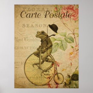 Vintage French Postcard Frog Riding Bicycle Floral Poster