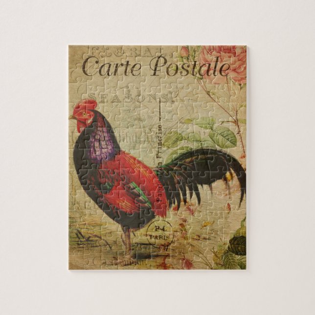 Vintage French Postcard Rooster Jigsaw Puzzle (Vertical)