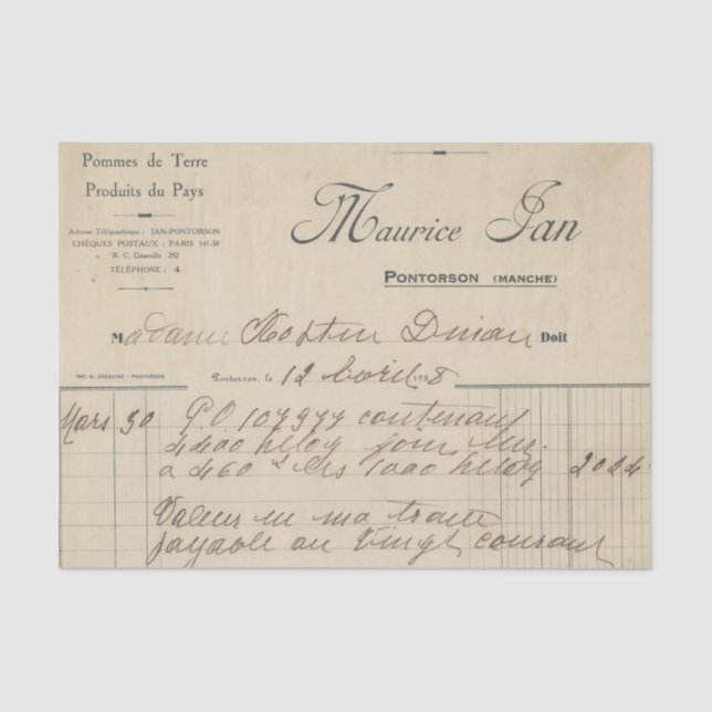 Vintage French Receipt Tissue Paper (Front)