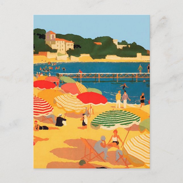 Vintage French Riviera Beach Illustration Holiday Postcard (Front)