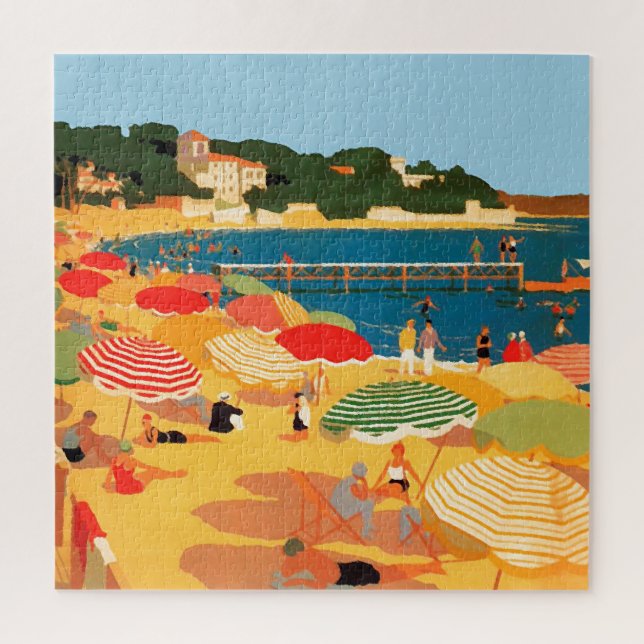 Vintage French Riviera Beach Travel Illustration Jigsaw Puzzle (Vertical)