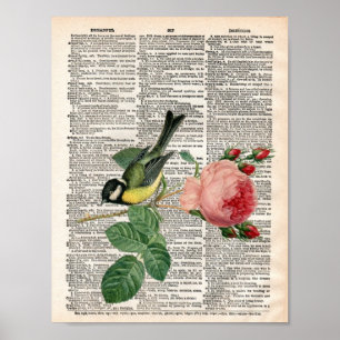 Vintage French rose and bird dictionary Poster
