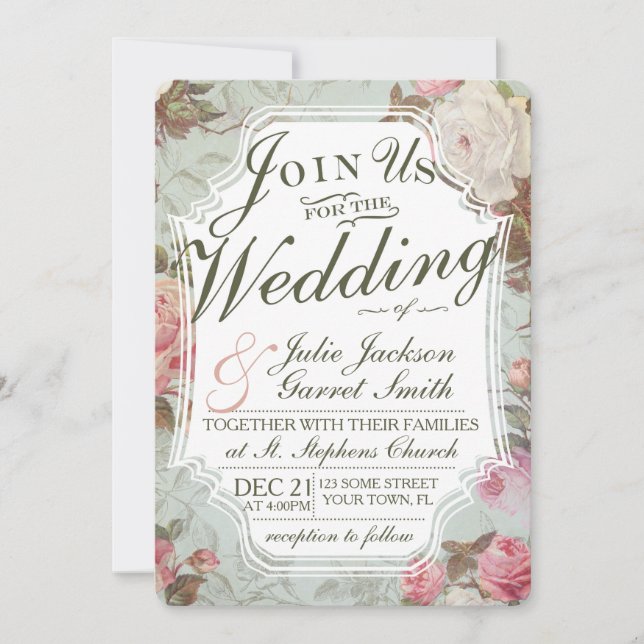 Vintage French Rose Garden Wedding Invitation (Front)