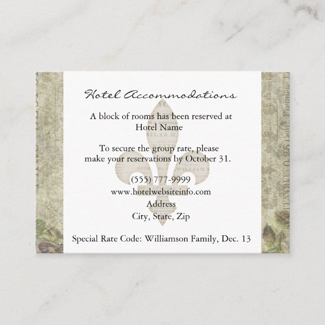 Vintage French Rose Hotel Accommodation Cards (Front)