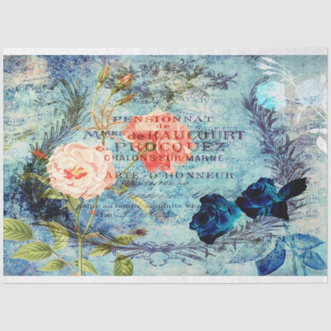 Vintage French Roses Blue Decoupage Tissue Paper (Front)
