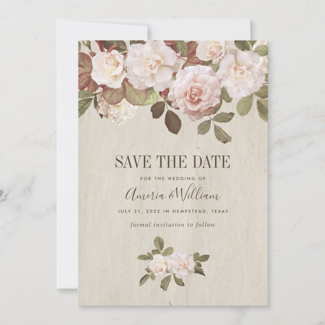 Vintage French Roses Save The Date Card (Front)