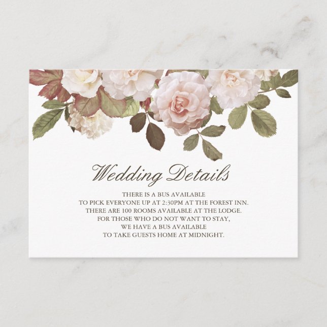 Vintage French Roses Wedding Details Card (Front)