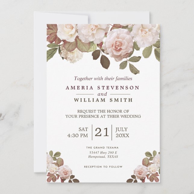 Vintage French Roses Wedding Invitation (Front)