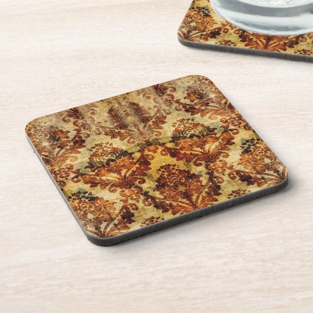 Vintage French Rustic Autumn Fall  Brown Damask Coaster (Left Side)