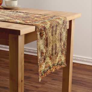 Vintage French Rustic Autumn Fall  Brown Damask Short Table Runner