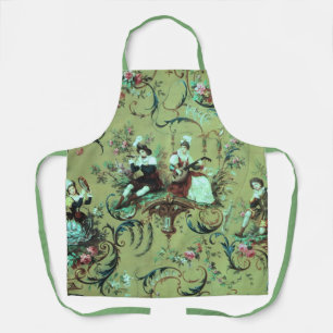 Vintage French Sage Green Toile Victorian Floral Apron
