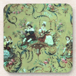 Vintage French Sage Green Toile Victorian Floral Coaster