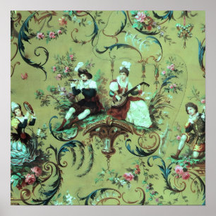 Vintage French Sage Green Toile Victorian Floral Poster